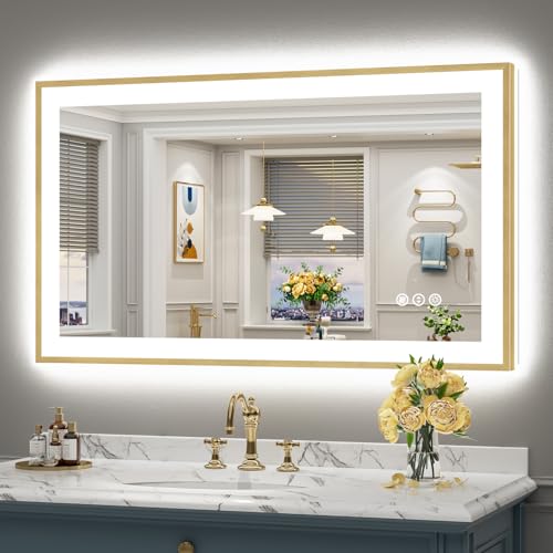 Image of 48x28 Gold LED Bathroom Mirror with Lights, Backlit & Front Lit | Brushed Gold Framed, Anti-Fog Lighted Vanity Mirror, Dimmable, 3-Color Temp, Memory, CRI95, HD Tempered Glass, UL Listed