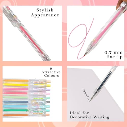 Image of WISHKEY Colorful Retractable Gel Pen Combo for Kids, Stationery Pen Set for Boys & Girls, Highlighter for Class Drawing, Project, Journaling, Art and Craft for School Students (Pack of 9, Multicolor)
