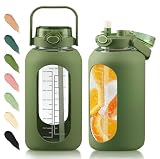 SIEROZUR 74oz Glass Water Bottle with Straw & Handle Lid | Half Gallon Motivational Water Jug with Time Marker & Silicone Sleeve | BPA-Free Borosilicate Glass for Gym, Home & Workout