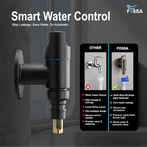 Image of Fossa Stainless Steel Laundry Washing Machine Faucet | Outdoor Water Spigot with Handle | Multi-Use Hose Connector Tap, Dishwasher Faucet & Angle Cock - Black (Matte Finish)