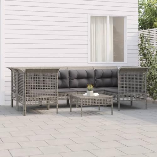 QZZCED Gartenmöbel-Sets Garten-Loungemöbel Balkonmöbel-Set Terrassengarnitur 7-TLG. Garten-Lounge-Set mit Kissen Grau Poly Rattan für Garten, Terrasse und Balkon