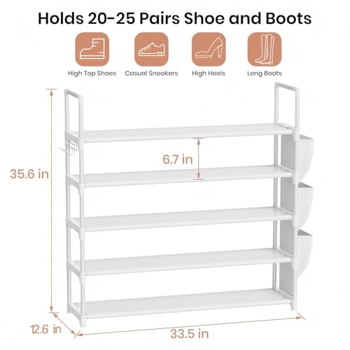 Image of VILICK Shoe Rack for Closet Shoe Organizer Space Saver Storage for 20-25 Pair Shoe Shelf with Hook and Side Pocket Free Standing 5 Tier Shoe Rack Organizer for Entryway,Small Spaces, White