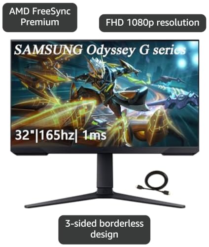 Image of Samsung 27 inch Odyssey G Series FHD Gaming Monitor, 165Hz, 1ms, VESA Mount Capability, Eye Saver Mode, FreeSync Premium,Height Adjustable Screen, Black, with GSF HDMI Cable