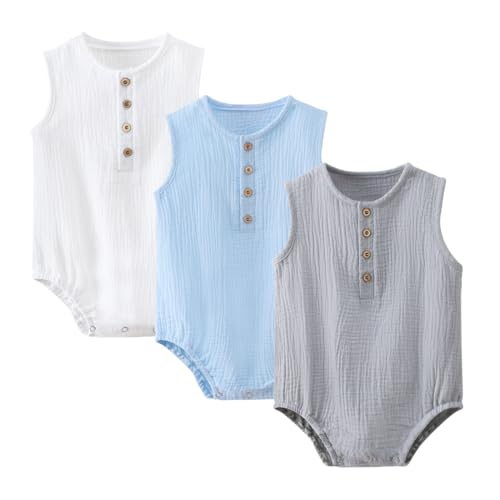 Image of WATOCHE Baby Boy Romper Sleeveless Cotton Linen Bodysuit Tank Top One Piece Neutral Newborn Baby Summer Clothes/Outfits