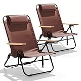 Canpsky 2 Pack Premium 5-Position Reclining Camping Chair - Portable Folding Lightweight Outdoor Chair with Wooden Armrests, Headrest & Pockets, 350lbs Heavy Duty for Beach, Patio, Backyard, Coffee