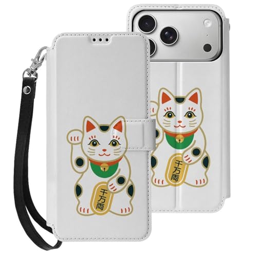 招き猫 猫柄 ねこ アニマル 和風 iPhone17ProMax用ケース 手帳型 ストラップ付き カード収納 スタンド機能 アイフォン17ProMax用ケース 大容量 耐衝撃 PUレザー カバー スマホケース 財布型 Case