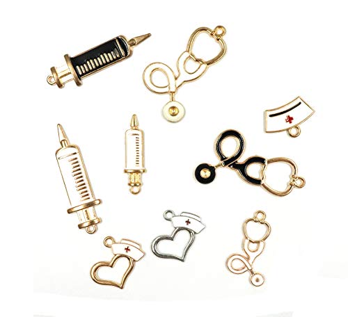 Ruwado 9 Pcs Medical Nurse Charms Gold Plated Enamel Cute White Nurse Cap Heart Stethoscope Charms for Jewelry Making Finding DIY Necklace Bracelet Craft Art Accessories