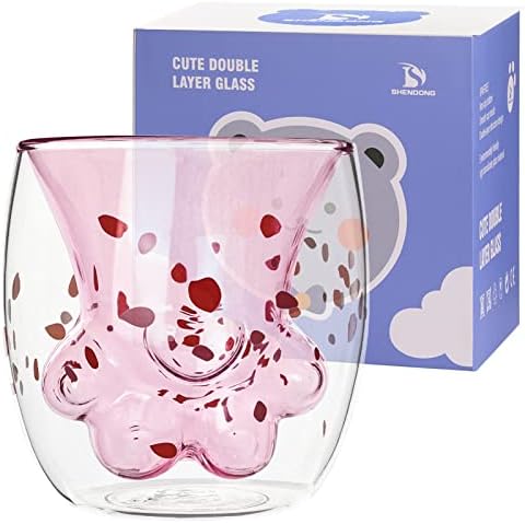 SHENDONG Cute Cat Claw Cup Pink Cherry Printing Cat Paw Mug Cat Foot Claw Print Mug Double Wall Insulated Glasses Espresso Cup Mug Glass Cup Coffee Cups Milk Mug Tea Whiskey Cup Cat Paw-Shaped Mug