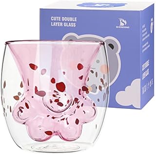 SHENDONG Cute Cat Claw Cup Pink Cherry Printing Cat Paw Mug Cat Foot Claw Print Mug Double Wall Insulated Glasses Espresso Cup Mug Glass Cup Coffee Cups Milk Mug Tea Whiskey Cup Cat Paw-Shaped Mug