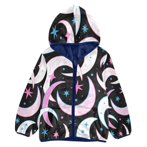 Moon Stars and Crescent Pattern Toddler Fleece Jacket Girl Boys Hooded Fleece Jacket Coat Warm Outwear Zip-up 3-10T