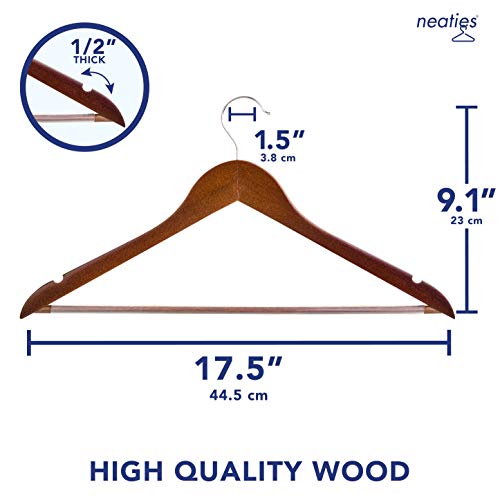 Neaties Home Solid Wood Suit Coat Hangers 12 Pack, Smooth original walnut finish Wooden Dress Hangers with Non Slip Pant Bar, Clothes Hangers with 360 Swivel Hook & Notches for Jacket, Pant, Shirt (Original Walnut, 12)