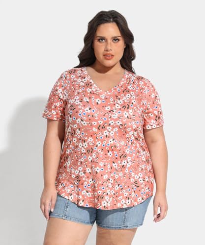 Image of TIYOMI Plus Size Tops for Women V Neck Tshirts Basic Tunic Casual Hawaii Floral Tie Dye Camo Summer Short Sleeve Tee XL-5XL