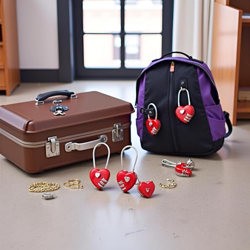 Image of 2Pcs Red Mini Love Heart Lock,Heart Padlock,Mini Code Lock,Wire Rope 3-Digit Code Combination Padlock for Travel Bags Suitcase Lockers Backpacks Jewelry Boxes Combination Locks Padlocks and Hasps
