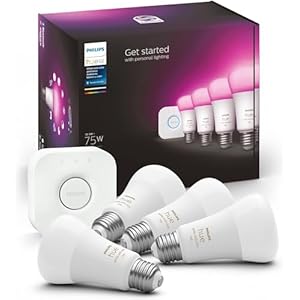 Philips Hue Smart Light Starter Kit – Includes (1) Bridge and (4) 75W A19 E26 LED Smart White and Color Ambiance Bulbs – Control with App – Compatible with Alexa, Google Assistant, and Apple HomeKit