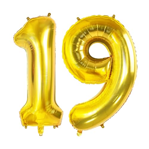 Number 19 Balloons for 19th Birthday Party Decorations, 0-100 Large No.19 Balloons for Her Him and Daughter Son, 40 Inch Gold Foil Helium Balloons for 19 Year Old Anniversary Decorations