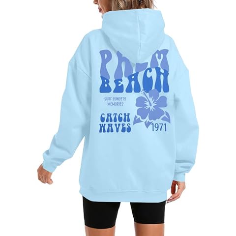 FAYALEQ Womens Casual Hoodies Palm Tree Graphic Sweatshirts Long Sleeve Sweaters Pullover Tops with Pocket Blue Cover