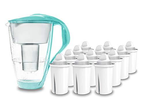PearlCo - Carafe avec filtre à eau en verre - menthe - 12 cartouches Universal classic incluse (compatible avec Brita Classic)