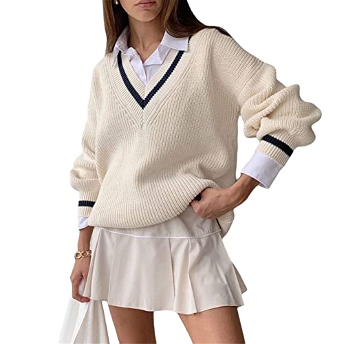 GX&XD Femme Pull Oversize Tricoté Pull Col V Manches Longues Crop Jumper Long Chaud Vintage Années 90 Esthétique Adolescente Filles Automne Hiver Tricoté Pull Pull Pull(Size:XXL,Color:Blanche) Cover