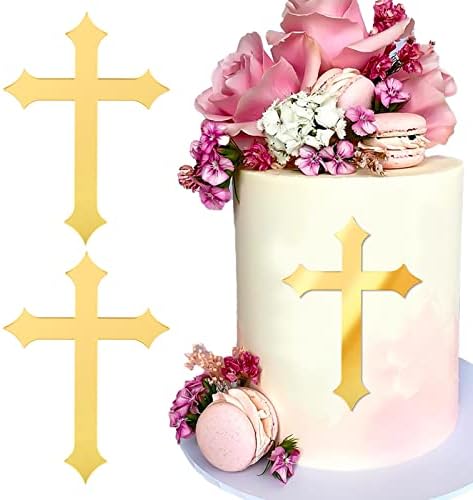2pcs Cross Cake Topper Acrylic Mirror Baptism Cake DecoratioN Gold for Baptism Party Birthday Wedding DIY Cake Supplies