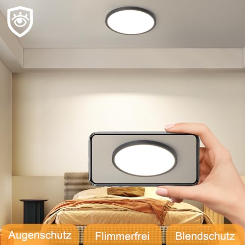 ZMH LED Deckenlampe Deckenleuchte Schwarz - Ø30CM Badlampe Modern 3000K Badezimmerlampe Decke 24W Flurlampe Bad Rund für Badezimmer Küche Schlafzimmer