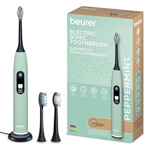 Beurer SC 50 Schallzahnbürste, elektrische Zahnbürste mit 5 Putzmodi & Andrucksensor, 80.000 Schwingungen, Display mit Putzdauer-Anzeige, inkl. 2 Aufsteckbürsten, 100% recyceltes Gehäuse (Peppermint)