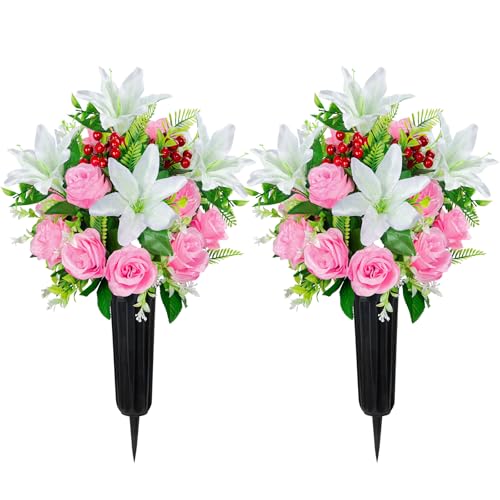 Velibobo Set of 2 Artificial Grave Flowers, 18 Heads Memorial Cemetery Flowers, Funeral Rose Bouquets with Vases for Outdoor Graveside Decoration