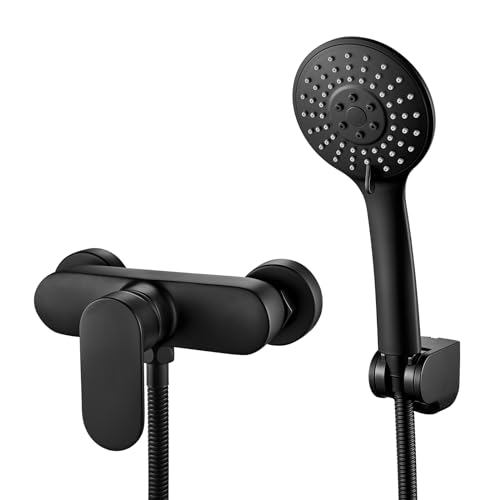 Rehomthy Schwarz Duscharmatur mit Handbrause, Mischbatterie für Dusche Set mit Einhand-Brausearmatur, 3 Funktionen Duschbrause und 1.5m Schlauch