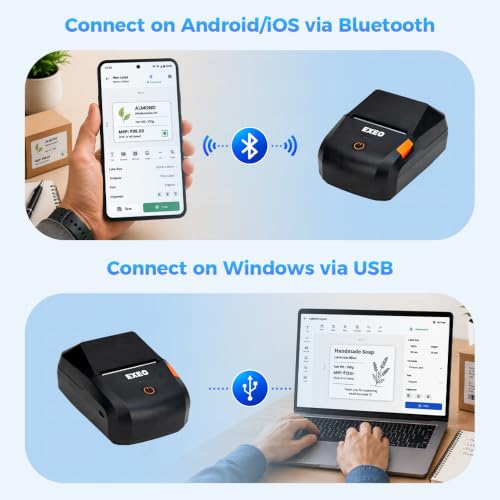 Image of EXEO EX58C Portable Bluetooth Thermal Label & Receipt Printer | 2 Inch (58mm) | Inkless | 203 DPI | Android, iOS & Windows | 2000mAh Rechargeable Battery | Barcode, Price & Product Labels
