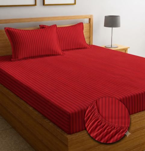 Image of Satin Striped Glace Cottonelastic Fitted bedsheets Double Bed with 2 Pillow Cover| 72 x 78 Inch | Fits Up to 10 Inch | Soft & Smooth Hotel Collection | Breathable, Fade Resistant