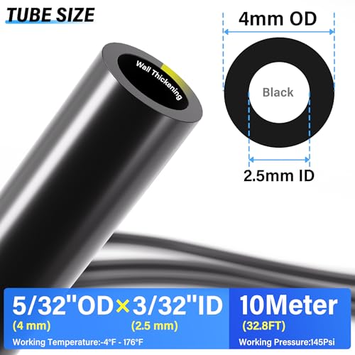 Image of TAILONZ PNEUMATIC Black 4MM or 5 /32 Inch OD 10 Meter 32.8ft PU Polyurethane Air Tubing Kit Pipe Hose Air Line Tubing Air Hose Fittings Push to Connect Fittings(29PCS)