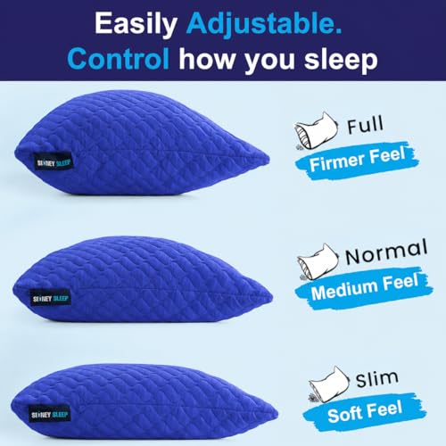 Image of Sidney Sleep Adjustable Bed Pillow for Neck and Shoulder Support with Extra Shredded Fill - Cervical Contour Pillow for Side and Back Sleepers. Standard Size 19 inch x 26 inch CertiPUR-US Certified (Blue)