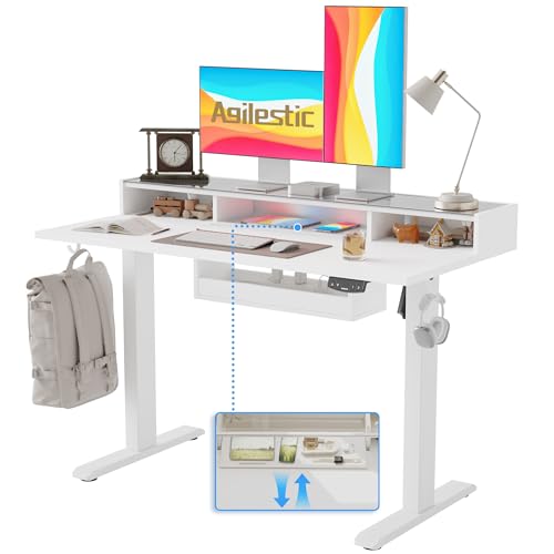Image of Agilestic Glass Standing Desk with Storage, 48 Inch Electric Adjustable Desk with Glass Shelf and Cable Management, Sit Stand Up Home Office Computer Table, Splice Board, White