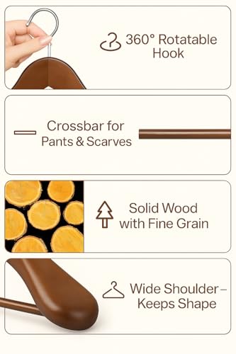 Miniatura 4 de Mela S Wooden Wide Clothes Hanger, Natural Wood, Pack Of 10, Non-Slip, For Stable Jacket, Suit, Shirts, Extra Wide Shoulders, Trouser Bars, 45 X 23 X 5.5 Walnut