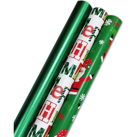 HomTop Christmas Gift Wrap Paper Roll - 3 Rolls 17" x 120", Festive Designs Happy Christmas Wrapping Paper Jumbo Rolls Cover