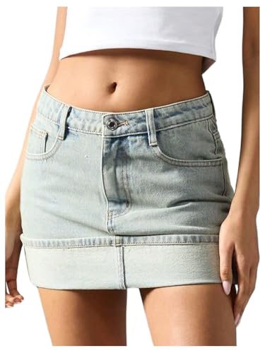 WDIRARA Women's Low Rise Bodycon Denim Mini Skirt Fold Jean Skirts Streetwear Light Wash Large