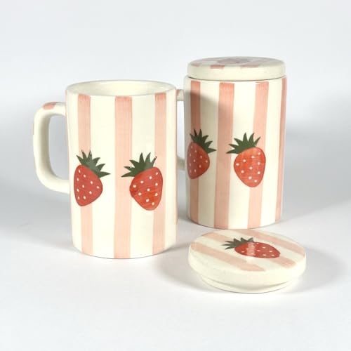 Image of SNS Handmade Ceramic Tumbler Mug with Lid (Pack of 2) | Coffee, Tea, Iced Beverage & Juice Cup | Hot & Cold Drinkware | Aesthetic Designer Mug for Home, Office & Gifting (Strawberry Bliss Mug)