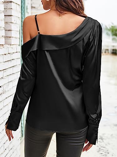 ZAFUL Women's Satin-Silk-Tops Sexy Off The Shoulder Dressy Blouse for Party Casual Long-Sleeve Elegant Shirt4