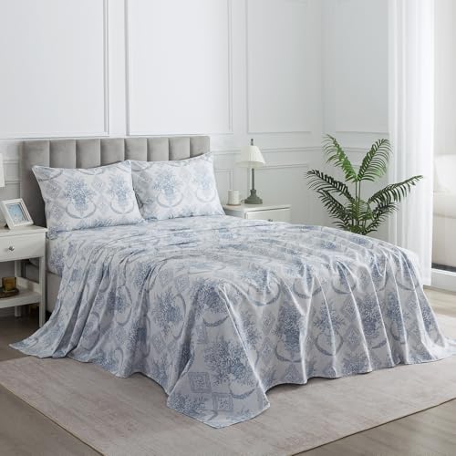 Image of Blue Floral Boho Sheets, King Size 100% Cotton Percale Cream White Vintage Sheet Set, Shabby Flower Chic Deep Pocket Cosy House Bed Sheets, Soft Crisp Luxury Cottage Core Bedding Sets, 4Pcs