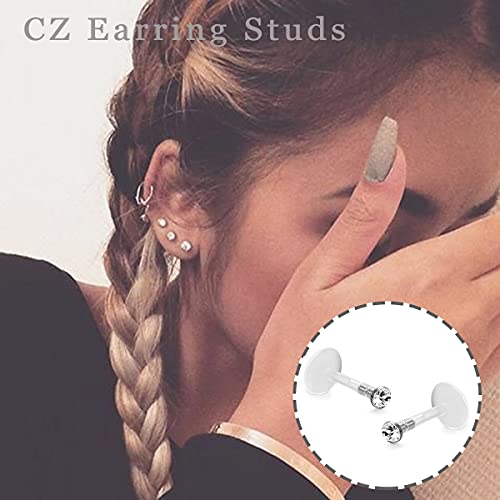 FIBO STEEL 16 Pcs 16G Clear Bioflex 2MM CZ Labret Monroe Lip Ring Helix Stud Earrings Body Jewelry Piercing,Colored