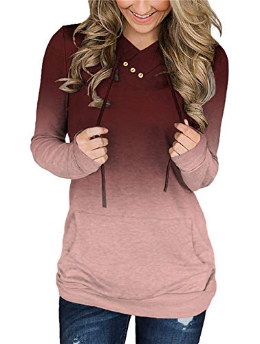 KISSMODA Women Vintage Drawstring V-Neck Tops Fashion Hooded Pullover Sweatshirt with Pockets Red M