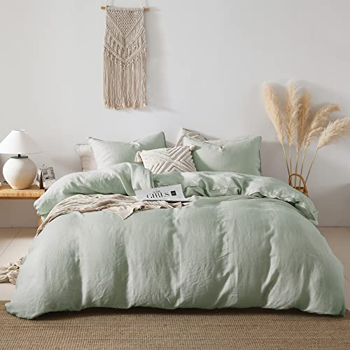100% French Linen Duvet Cover Set King, Soft Stone Washed Flax Linen Washed King Size Duvet Cover Set, Breathable Cooling Duvet Cover For Hot Sleepers, 1 Duvet Cover And 2 Pillowshams, Sage Green #TOP4