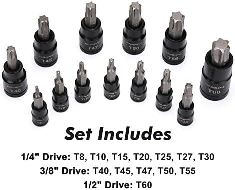 CASOMAN 25 Piece Torx Bit Socket and Female External Socket Set, 13 Star Socket Bits (T8- T60)& 12 Female E-Torx Sockets (E4-E22)