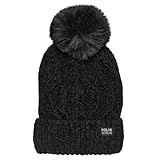 Polar Extreme Heat Women's Sherpa-Lined Beanie and Skull Cap, Chenille Webbed Patterned Cuffed Hat with Faux Fur Pom, Warm Winter Hat, One Size Fits Most - Black