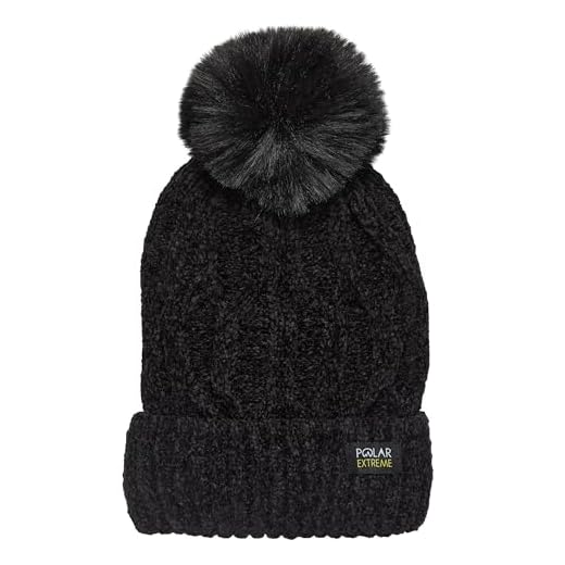 Polar Extreme Heat Women's Sherpa-Lined Beanie and Skull Cap, Chenille Webbed Patterned Cuffed Hat with Faux Fur Pom, Warm Winter Hat, One Size Fits Most - Black