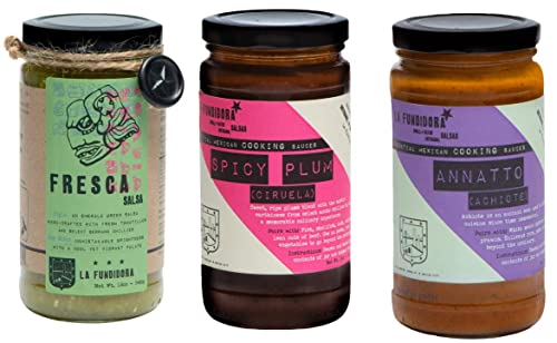 La Fundidora Traditional Mexican Cooking Sauces and Fresca Salsa, Authentic Recipe, Pulled Pork and Cochinita Pibil Tacos, Small Batch, All Natural, No Preservatives (Annatto/Spicy Plum/Fresca)