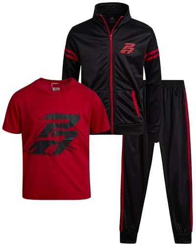 Pro Athlete Boys Tracksuit Set - 3 Piece Breathable Tricot Zip Up Sweatshirt Athletic Graphic Tees & Jogger Sweatpants, Size 10, Jet Black/Red