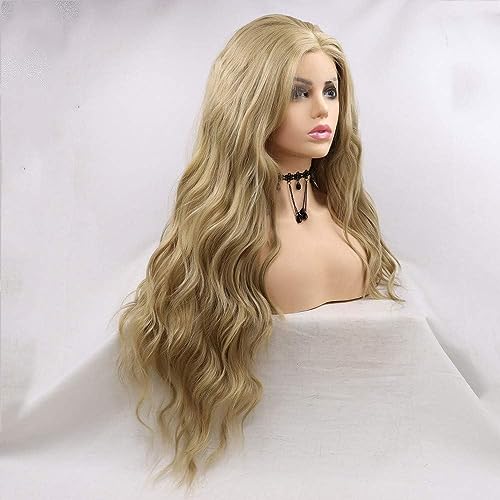 Xiweiya Blonde Curly Hair Long Goldden Wigs Middle Parting Glueless Synthetic Lace Front Wig Natural Looking Ash Blonde Hair Accession Anime Cosplay Wig Drag Queen Hair 24 Inch - Image 3