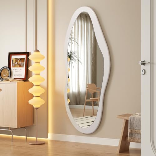 Image of AAZZKANG Irregular Full Length Mirror Wooden Asymmetrical Wall Mirrors Modern Large for Bedroom Dressing Room Living Room Entryway White 47 inchx20 inch