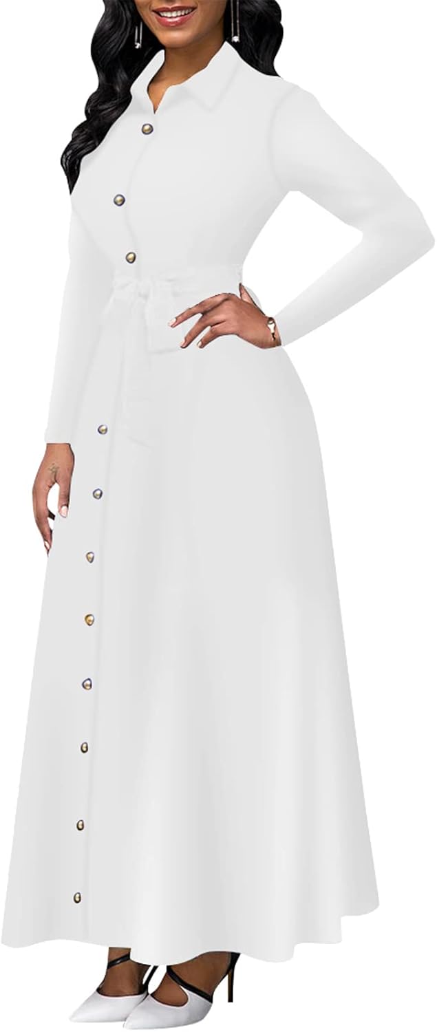 BestGirl Women's Button Down T-Shirt Dress Casual High Low V Neck Loose Long Dress with Belts - Image 6