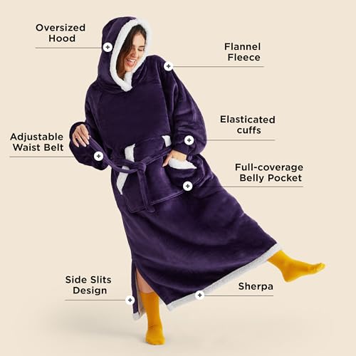 Image of Bedsure Wearable Blanket Hoodie, Long Hooded Blanket Sweatshirt as Birthday Gifts for Women, Cozy Sherpa Hoodie for Adult, Standard, Dark Purple